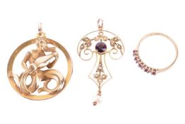 A collection of jewellery items comprising an amethyst and seed pearl pendant, in yellow metal marke