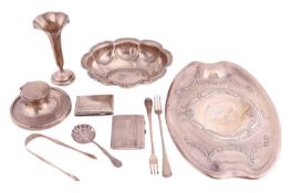 A collection of silver items; to include an Arts and Crafts silver tray by Henry Williamson Ltd., Bi