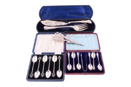 A cased pair of King's pattern fish servers by Chawner & Co. and a pair of silver grape scissors