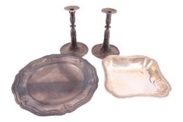 A shaped square serving dish, with reeded borders and crest engraved to the interior; stamped '900' 