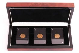 'The Golden Age of Gold'; a three half sovereign coin set, issued by the London Mint, comprising yea