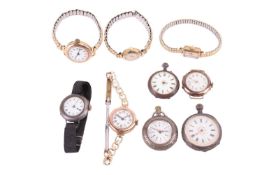 Five various 9ct gold watches and two silver watches, one 800 silver and one base metal pocket watch