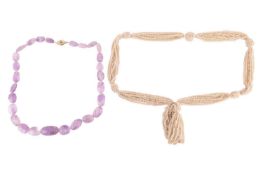 Two bead necklaces; comprising a white coral sautoir, formed of multi-strands of fine coral beads, t