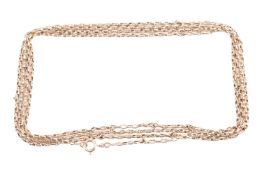 A yellow metal chain stamped 9ct formed from a long oval link chain & bolt ring. 19.60g.