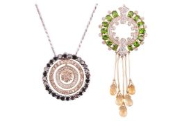 Two gem-set cluster circular pendants; one set with brilliant-cut diamonds and oval-cut chrome diops