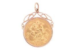 An 1887 Victoria full sovereign in a 9ct gold pendant mount. 9.92g.