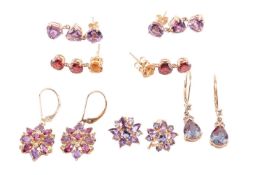Five pairs of gem-set earrings; to include a pair of pear-cut synthetic alexandrite drop earrings in