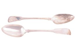 A Victorian fiddle pattern silver basting spoon, Exeter (probably 1843 - marks obscured) by John Sto