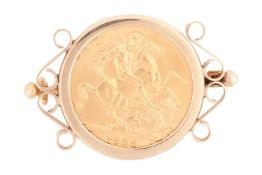 A sovereign set in a brooch fitting, the 1968 Elizabeth II full sovereign in a yellow metal mount wi