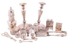 A collection of silver and plate comprising a Victorian silver sugar caster, William IV silver aspar