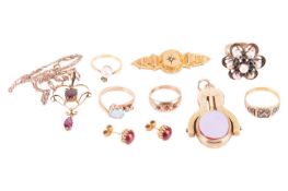 A collection of jewellery; including a seed pearl and enamel ring with hallmarks for 22ct gold, ring