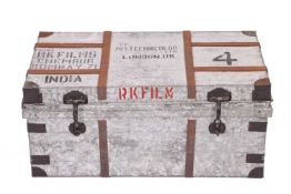 A mid to late 20th century galvanised metal trunk from 'M/S Technicolor UK', used by them and R.K. S