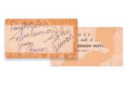 The Beatles: A 1964 Clarendon Hotel (New Zealand) card, signed by Paul McCartney, John Lennon and Ge