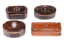 A collection of George III tortoiseshell snuff boxes including a blonde tortoiseshell and pique work