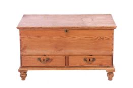 A Victorian stripped pine two-drawer mule chest, raised on up-turned bun feet, 96 cm x 58 cm x 49 cm