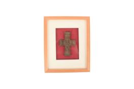 A bronze Byzantine Reliquary Cross, depicting the figure of St George, 9 cm high, framed and glazed,