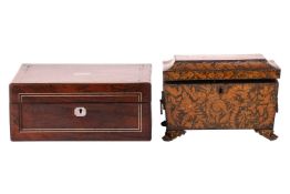 A Regency penwork sarcophagus two-section tea caddy with gilt metal mounts, 23 cm wide, together wit