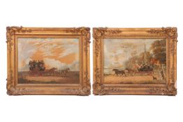 English School, A pair of 19th-century naive studies of the Beehive Line Bedford to London stagecoac