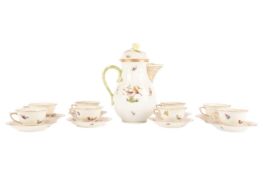 A Herend Rothschild patterned tea set comprising six tea cups, six saucers, and a teapot, the talles