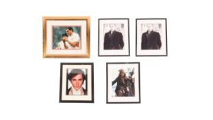 A collection of five signed photos comprising Leonard Cohen, Greg Wise, Martin Johnson, and Johnny D