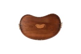 A mahogany kidney form twin-handled tray with coquillage marquetry in the centre, 59cm x 33cm