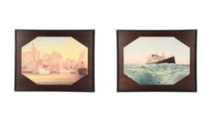 A pair of 20th-century marine oil paintings on distinctive octagonal panels, both images measure 44 