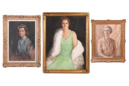 Three female portraits by various artists, two oil paintings on canvas and one work is pastel on pap