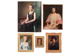 A group of five female oil painting portraits by various artists, three framed and two unframed, the