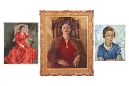 Three Impressionistic female oil on canvas portraits by various artists, the largest measures 76cm x