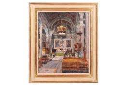 A 20th century school, Church Interior, oil on canvas, indistinctly signed, 60 cm x 49.5 cm framed a
