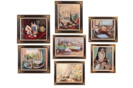 A assorted collection of seven decorative framed still life paintings, all oil on canvas, the larges