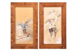 European School (21st Century), A Pair of skiing paintings both featuring couples on the slope, both