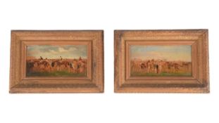 A pair of late 19th century English School equestrian paintings, both signed JWS, oil on canvas, 10 