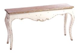 A Louis VX style chalk-painted French brown oak rectangular console table, 20th century, with a dist