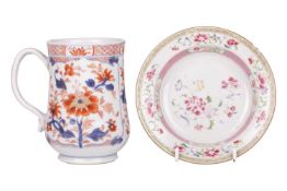 A Chinese 'Imari' bell-shaped porcelain tankard, early Qianglong, depicting a blooming peony on an u