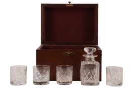 A fitted mahogany whiskey decanter box with six cut crystal tumblers and a single decanter, box meas