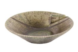 A studio pottery bowl, of geometric form with metallic green glaze, marked JW (possibly John Ward?),