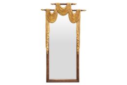 A French Empire-style trumeau/ pier mirror, 20th century, with simulated parcel gilt drape mantel ov