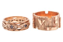 Two rings comprising a sapphire and diamond-set band, in 9ct gold, size M1/2, together with a 9ct ye