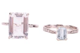 Two rings comprising an octagonal-cut Goshenite solitaire ring, set in an 18ct white gold mount, siz