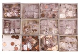 A collection of coins including half pence, threepence, half crowns, ten new pence, sixpence, florin