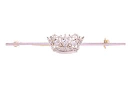 A diamond-set naval crown bar brooch, centred with the naval crown motif encrusted with old-cut diam