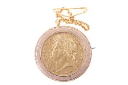 A mounted 1821 George IV, gold Sovereign, 1821, laureate head left, B.P. below the neck for designer