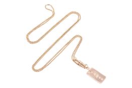 A 9ct gold bar pendant, hallmarked London, 1976, on a yellow metal box chain tested as 14ct and meas