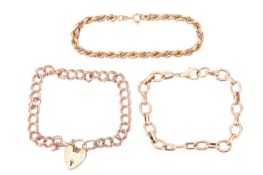 Three chain bracelets; the first comprising a series of 9ct rose gold double curb links, completed w