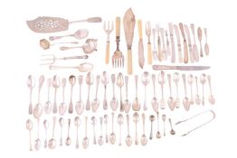 A quantity of silver and silver plated flatware; to include six matching George III silver fiddle pa