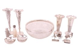 A collection of silver and white metal, to include a pair of silver spill vases, one weighted; a pai