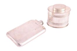A large silver hip flask and an oval silver tea canister; the hip flask of curved rectangular-shaped
