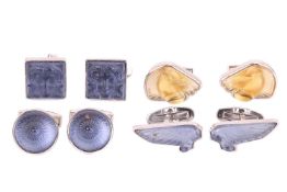 Four pairs of Lalique cufflinks including a Toupie blue crystal pair, a square Aréthuse blue crystal