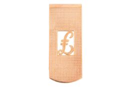 A money clip in 9ct yellow gold, pierced with the pound sign to a gridded surround, engraved with na